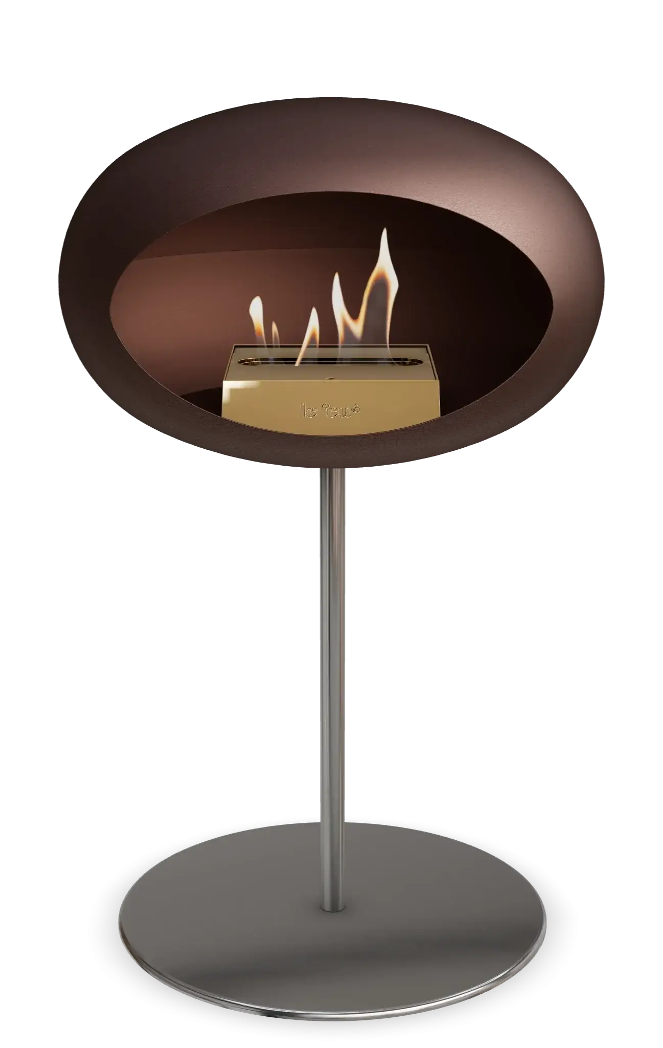 Freestanding Le Feu Dome low steel bioethanol fireplace in mocca, modern design with flames, ideal for indoor or outdoor use.