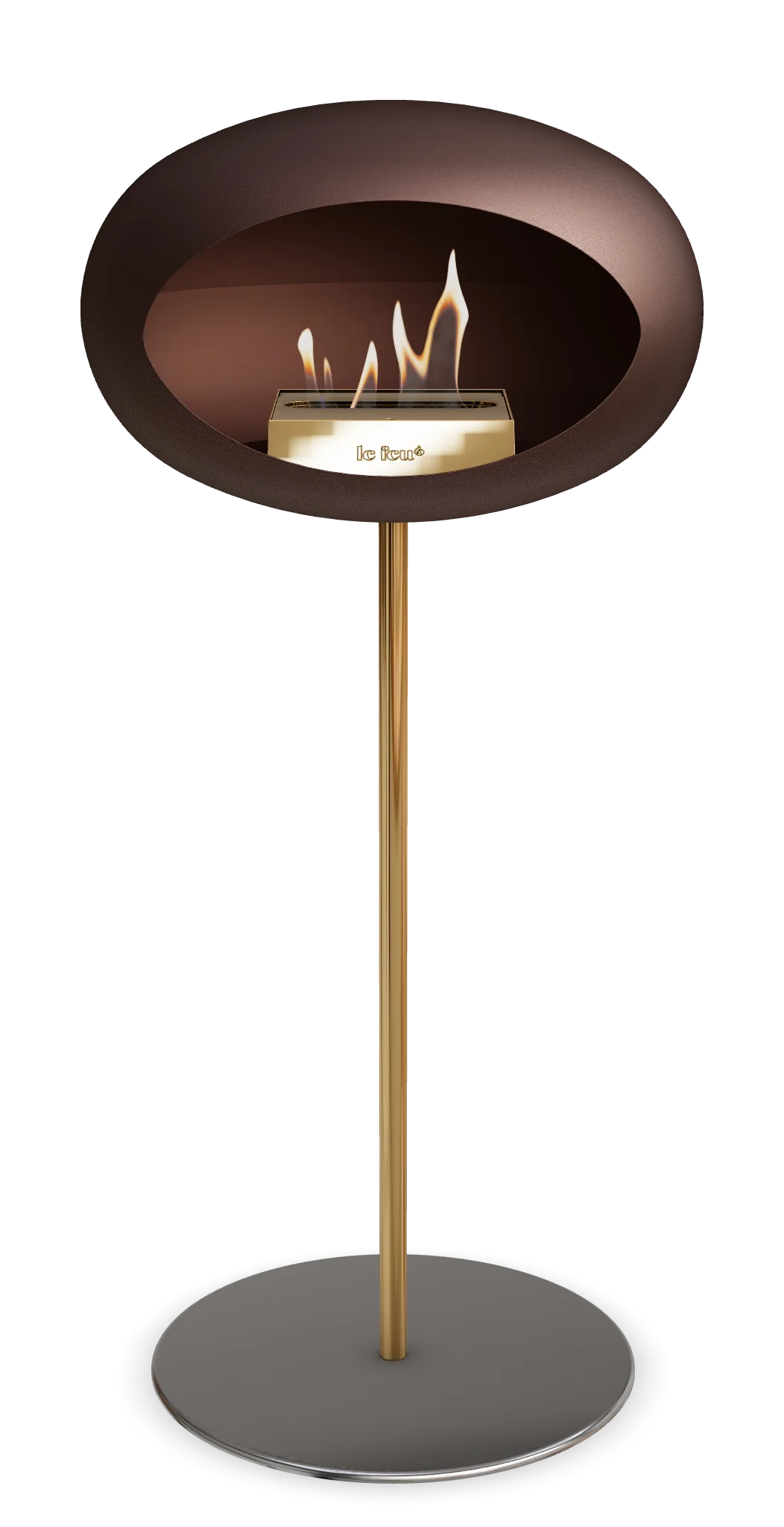 Freestanding Le Feu Dome High Steel bioethanol fireplace in Mocca color, showcasing modern design and elegance.