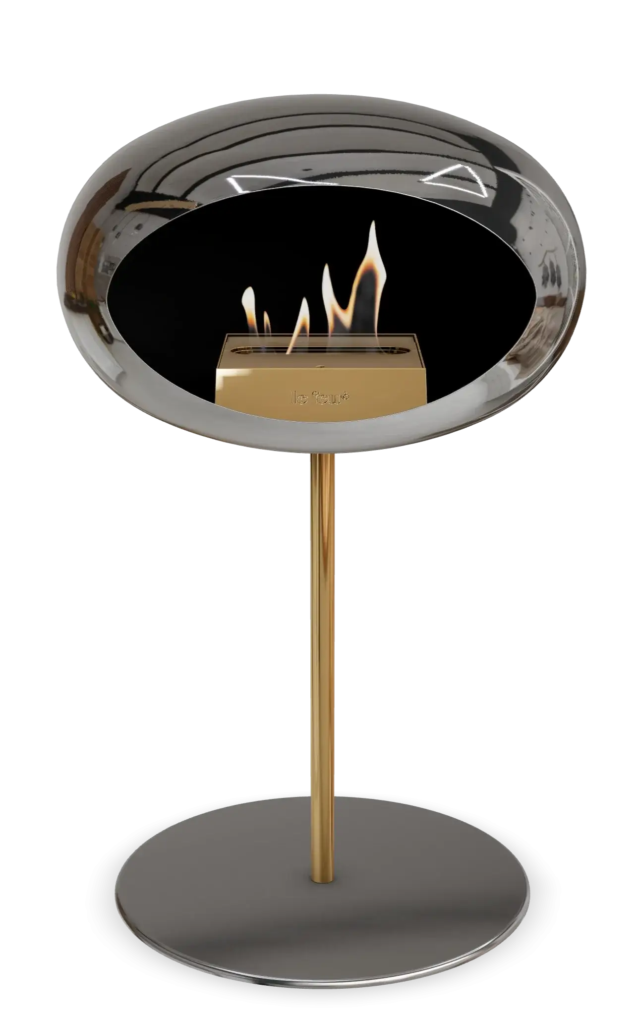 Le Feu Dome Ground Low Steel bioethanol fireplace in chromed silver, modern design with a vibrant flame.