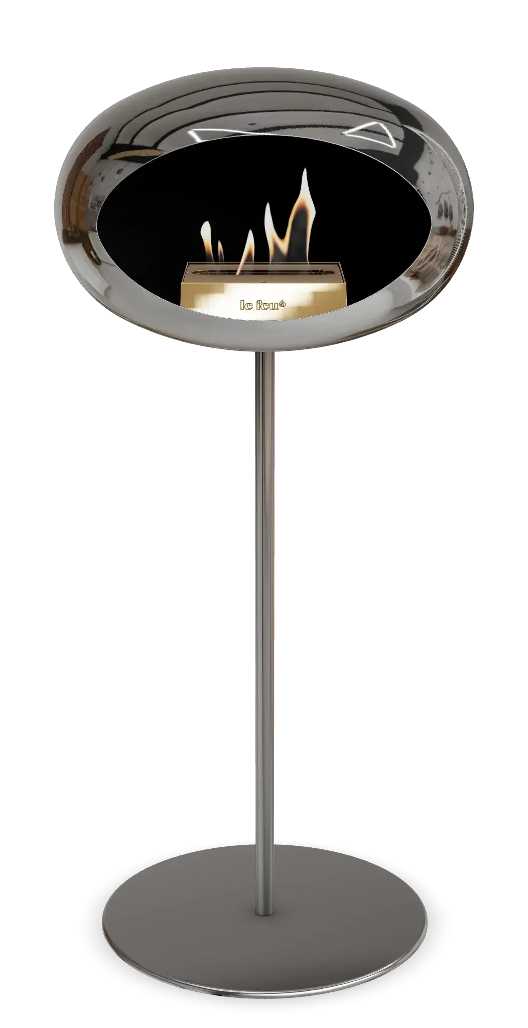 Freestanding bioethanol fireplace Le Feu Dome in chromed silver, showcasing modern design and elegant flames.