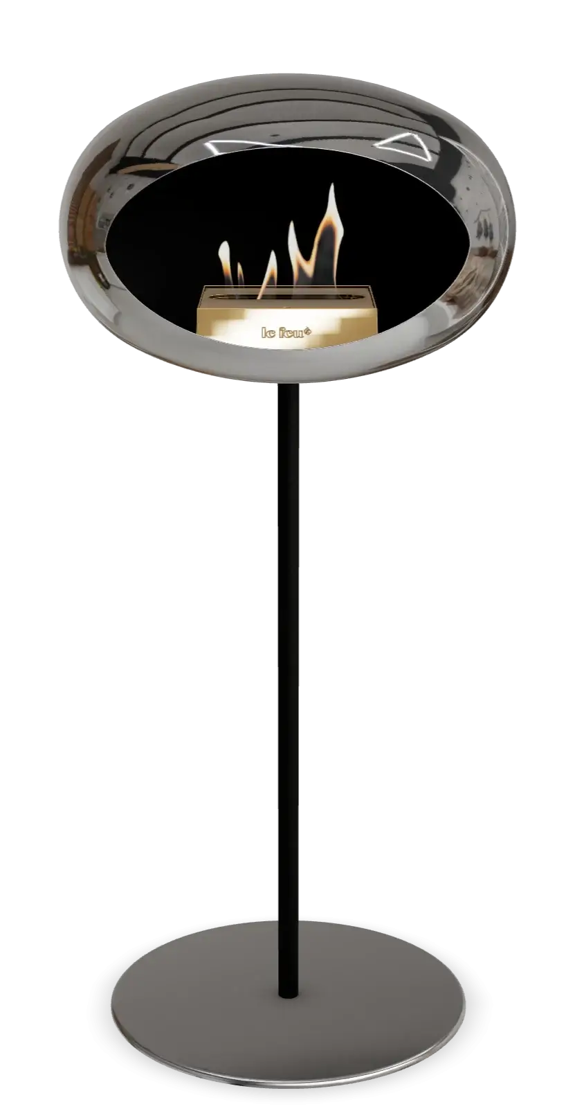 Freestanding Le Feu Dome High Steel Bioethanol Fireplace in chromed silver with modern design and flame effect.