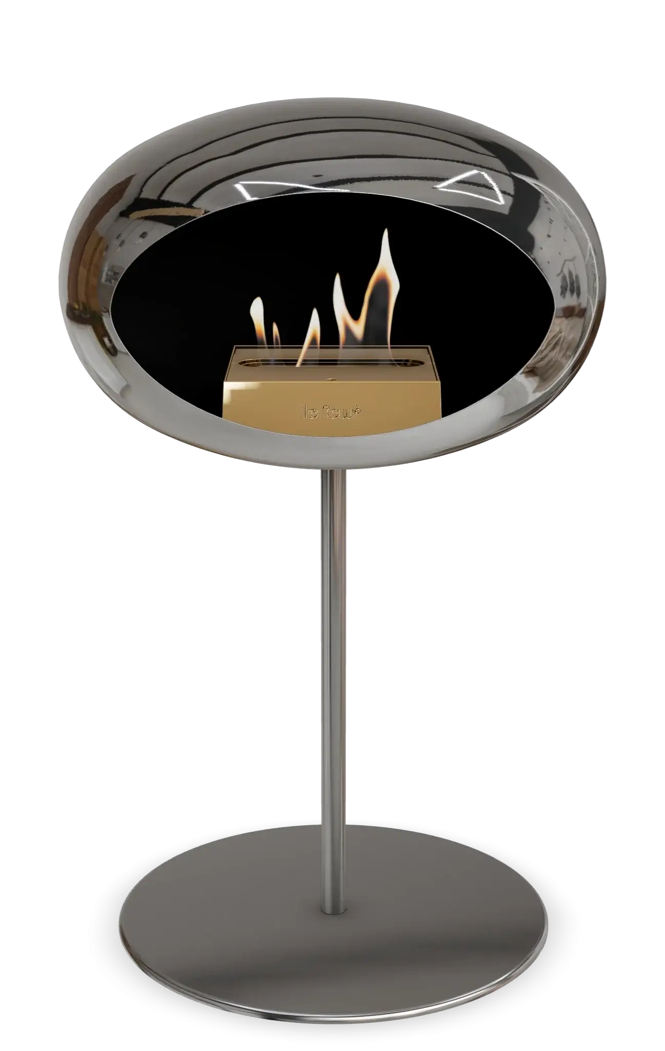 Freestanding bioethanol fireplace Le Feu Dome in chromed silver design with visible flames, perfect for indoor and outdoor spaces.