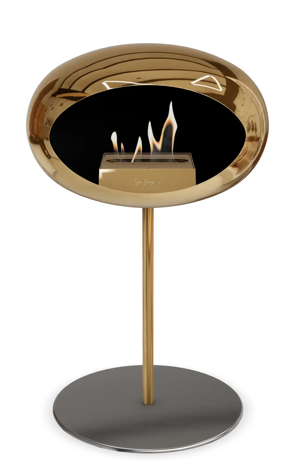 Freestanding bioethanol fireplace in chromed rose gold with flames, perfect for indoor and outdoor living.