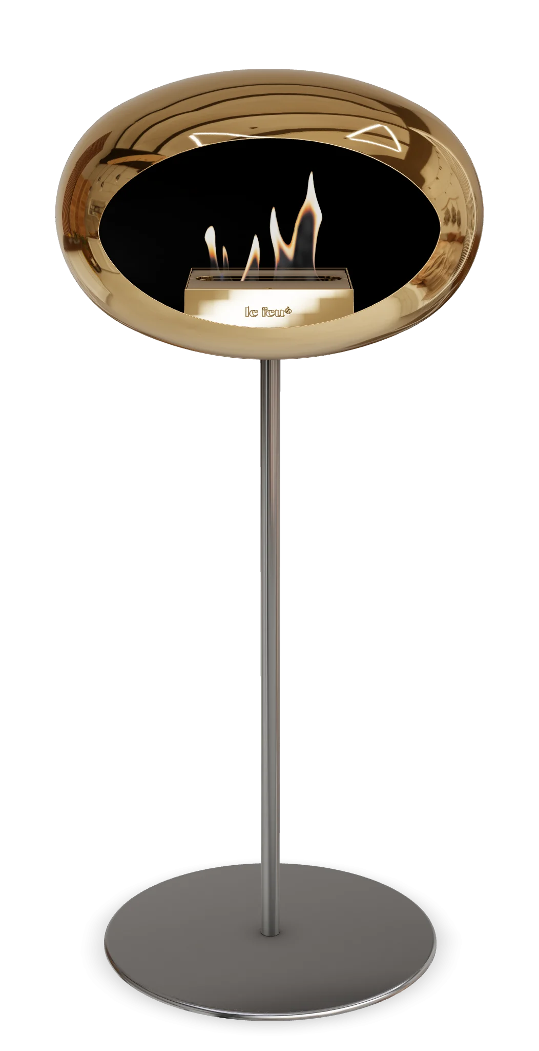 Le Feu Dome Ground High Steel bioethanol fireplace in chromed rose gold with visible flames, modern and elegant design.