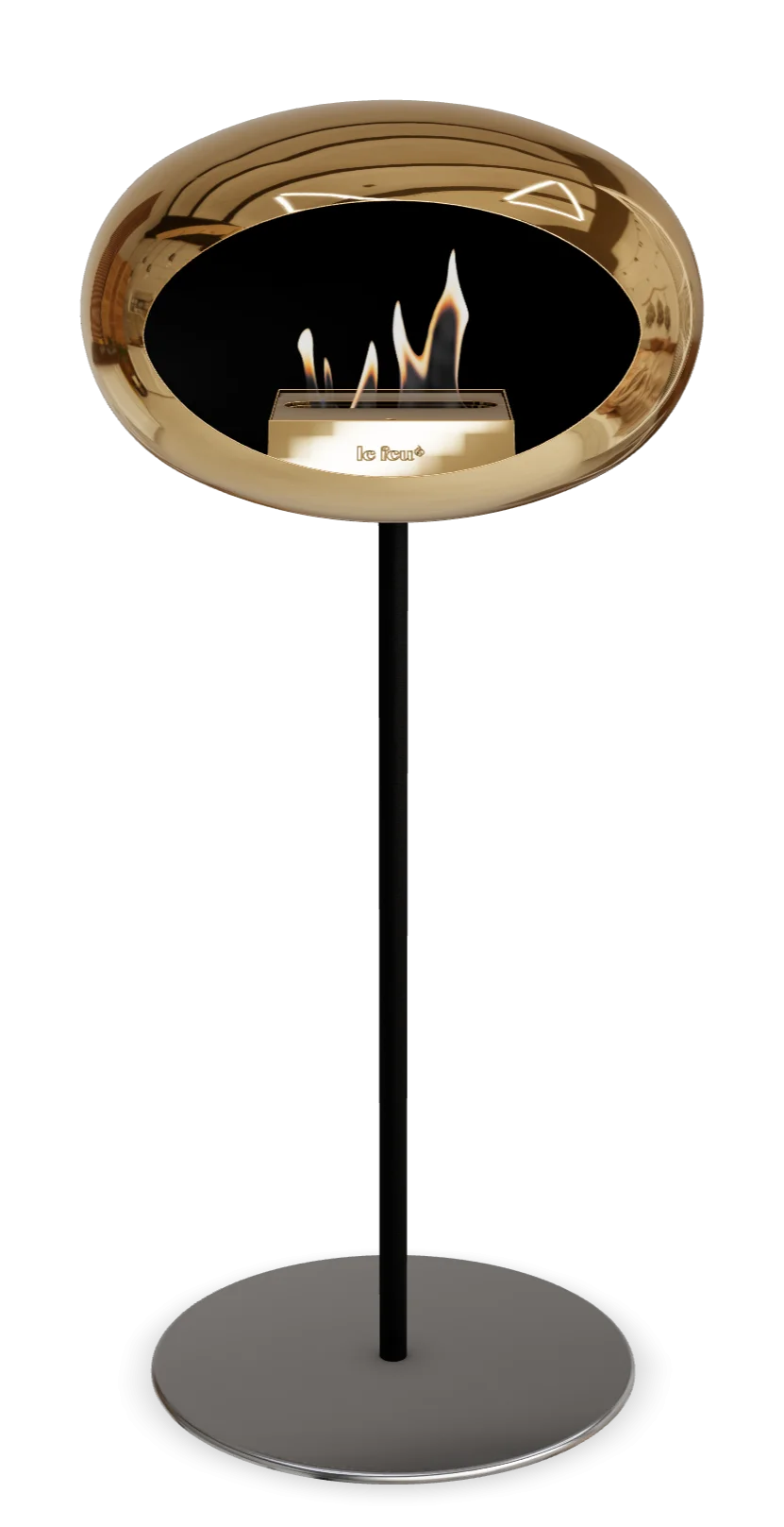 Le Feu Dome Ground High Steel bioethanol fireplace in chromed rose gold with flames visible.