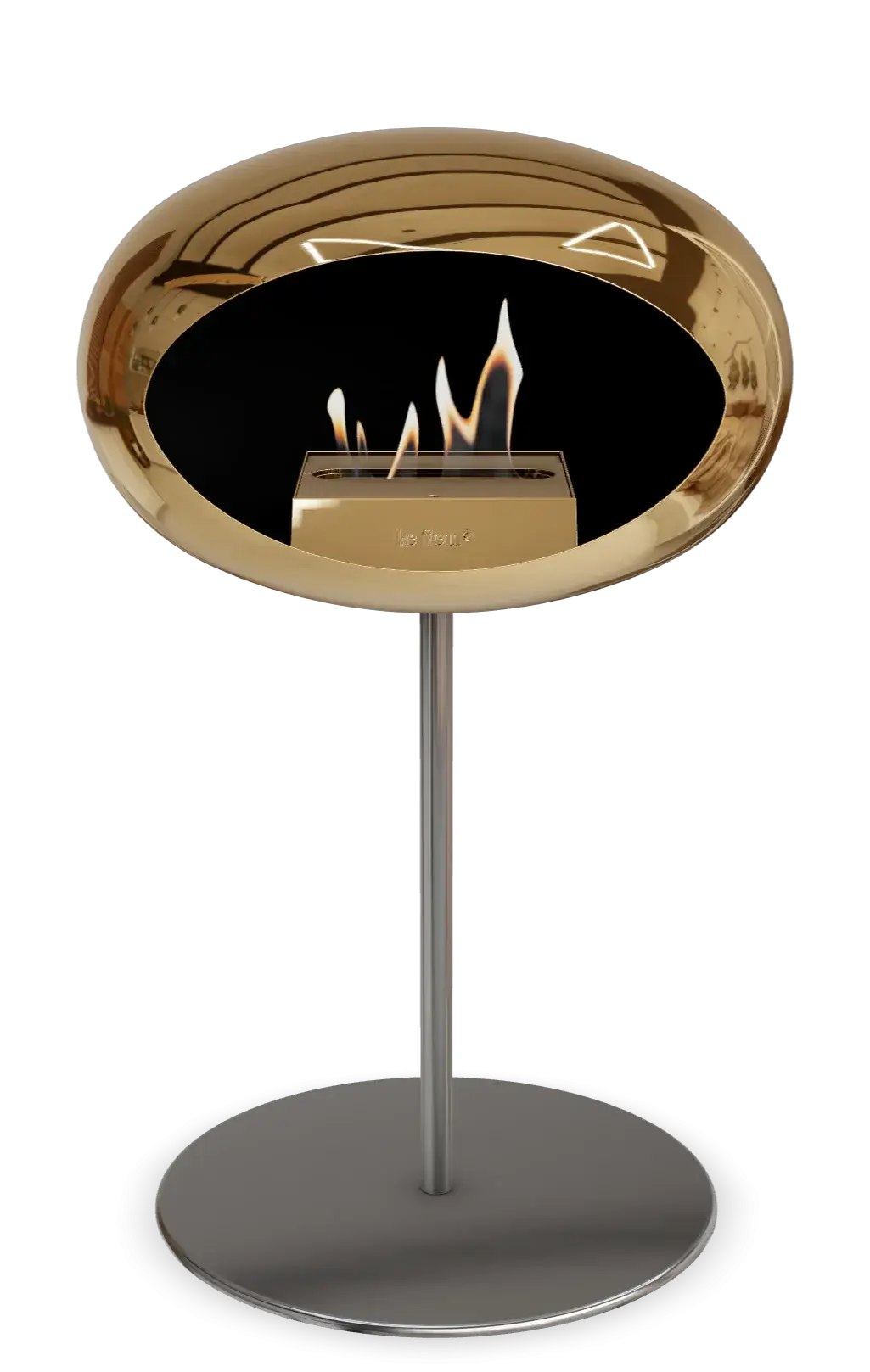 Stylish freestanding bioethanol fireplace in chromed rose gold finish, perfect for indoor and outdoor spaces.