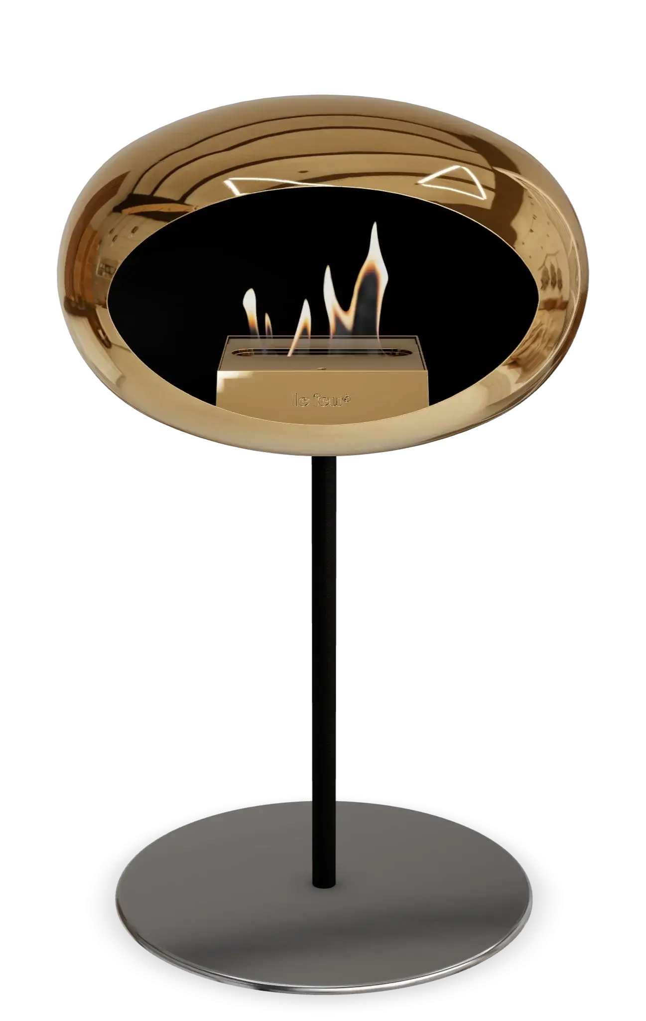 Freestanding Le Feu Dome bioethanol fireplace in chromed rose gold finish, styled for indoor and outdoor living.