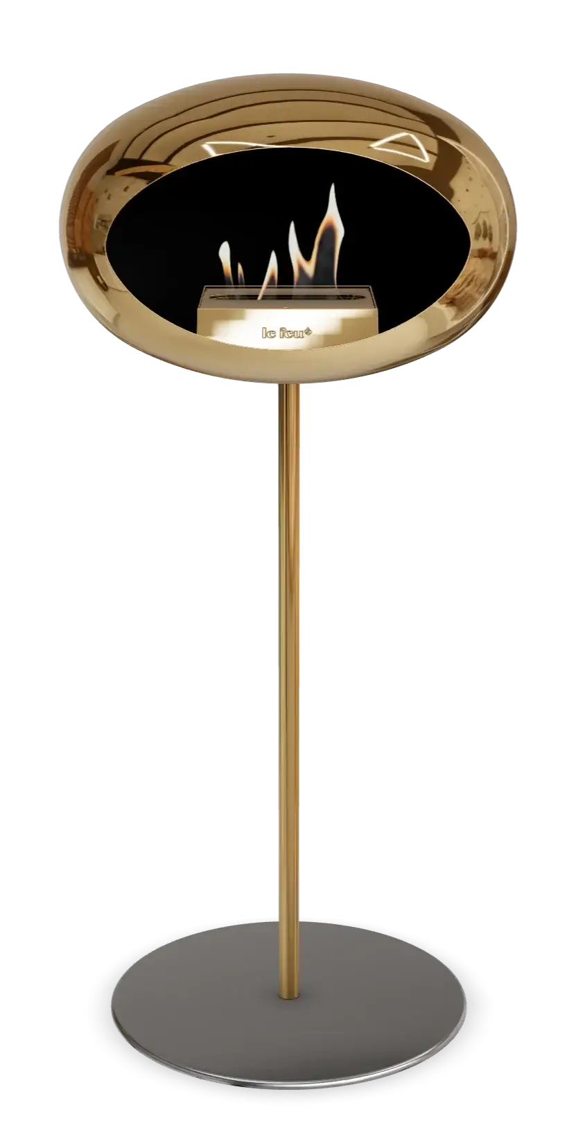 Le Feu Dome Ground High Steel Bioethanol Fireplace in Chromed Rose Gold, modern and elegant design.