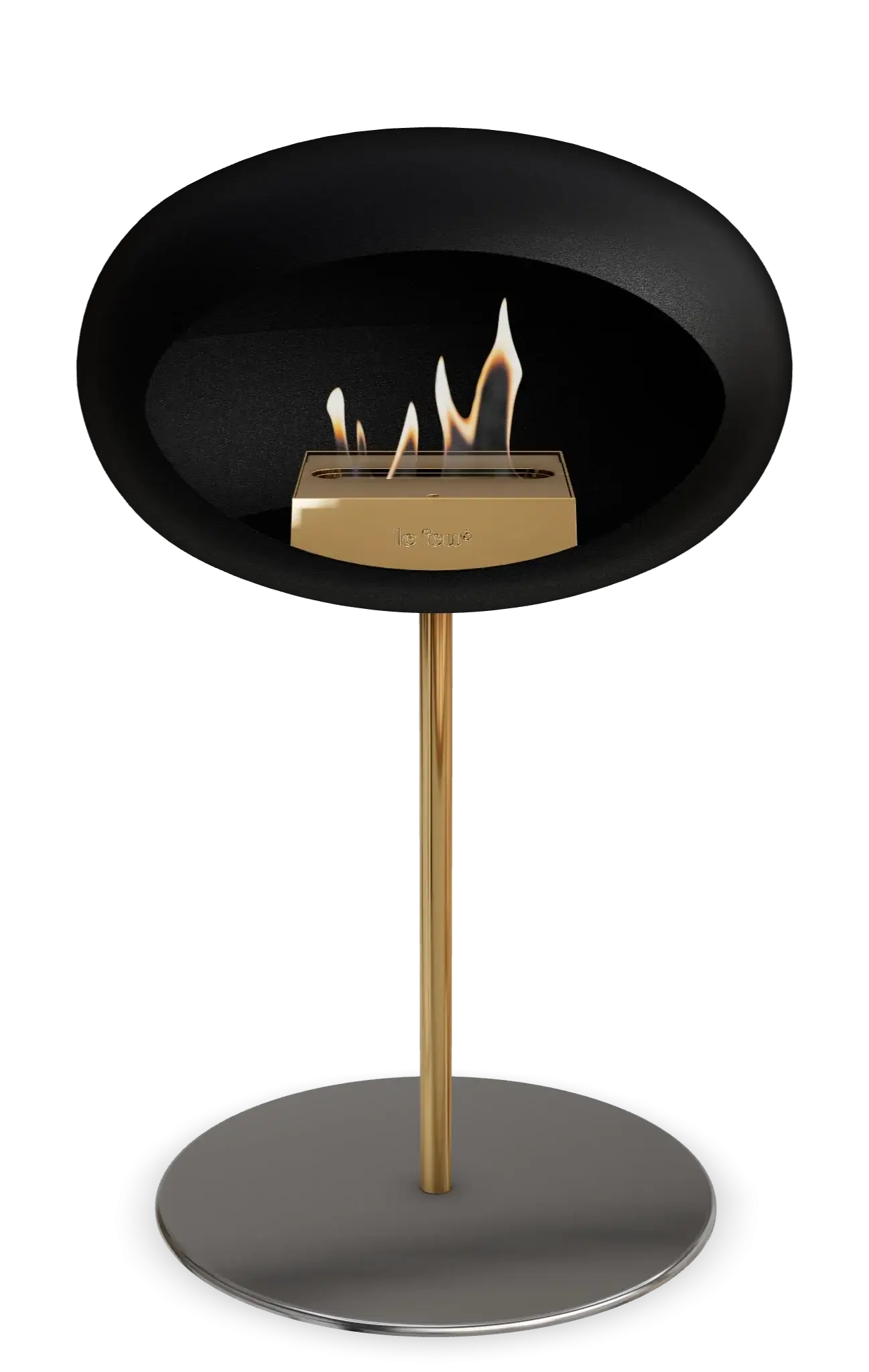 Freestanding black bioethanol fireplace with gold accents, modern design for indoor and outdoor spaces.