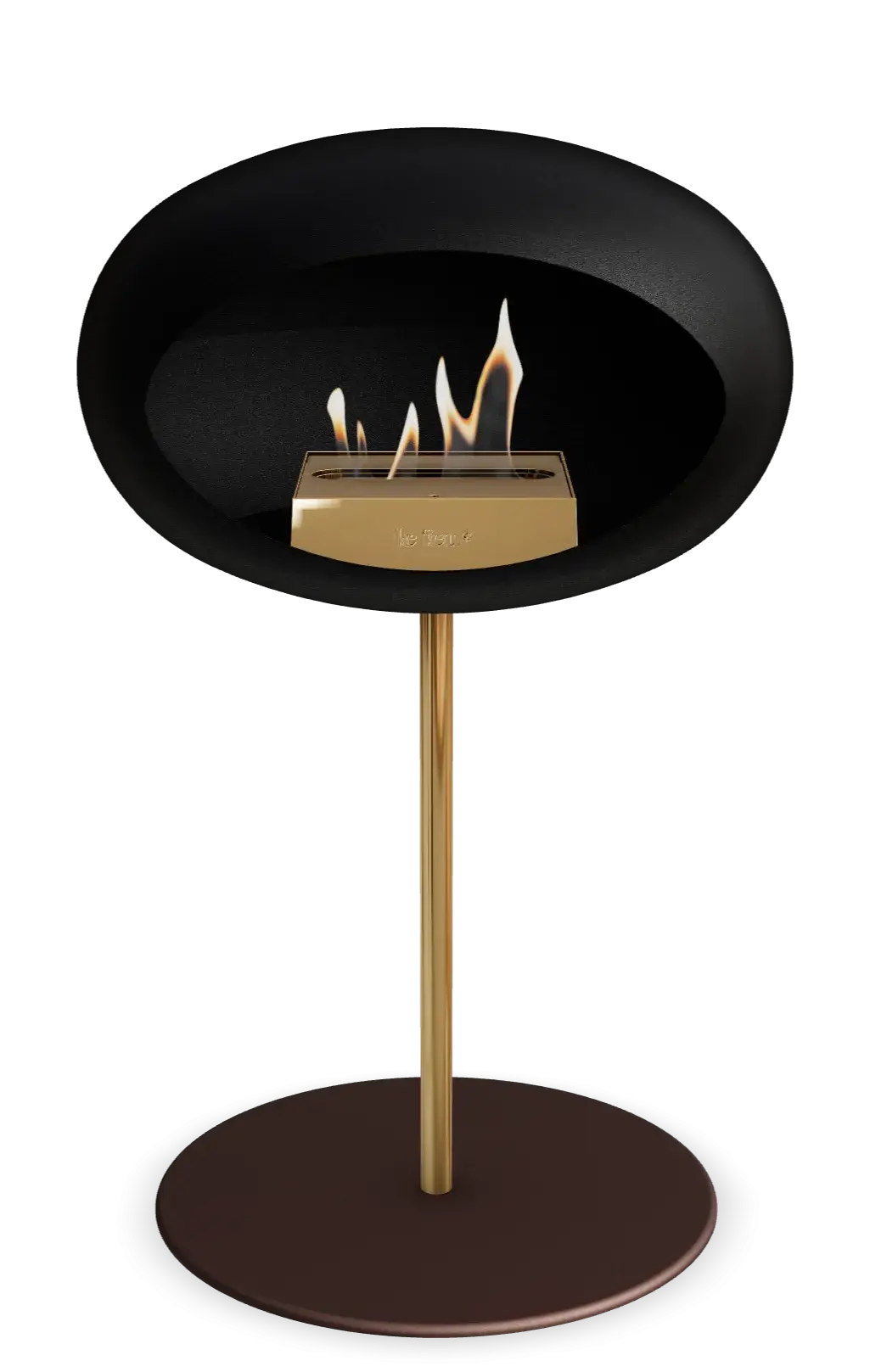 Elegant Le Feu Dome Ground Low Bioethanol Fireplace in Black with Gold Accents, perfect for indoor and outdoor spaces.
