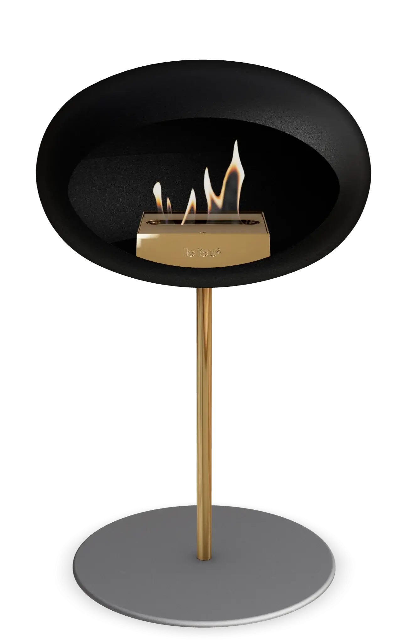 Freestanding Le Feu Dome Ground Low Steel Bioethanol Fireplace in black with flames.