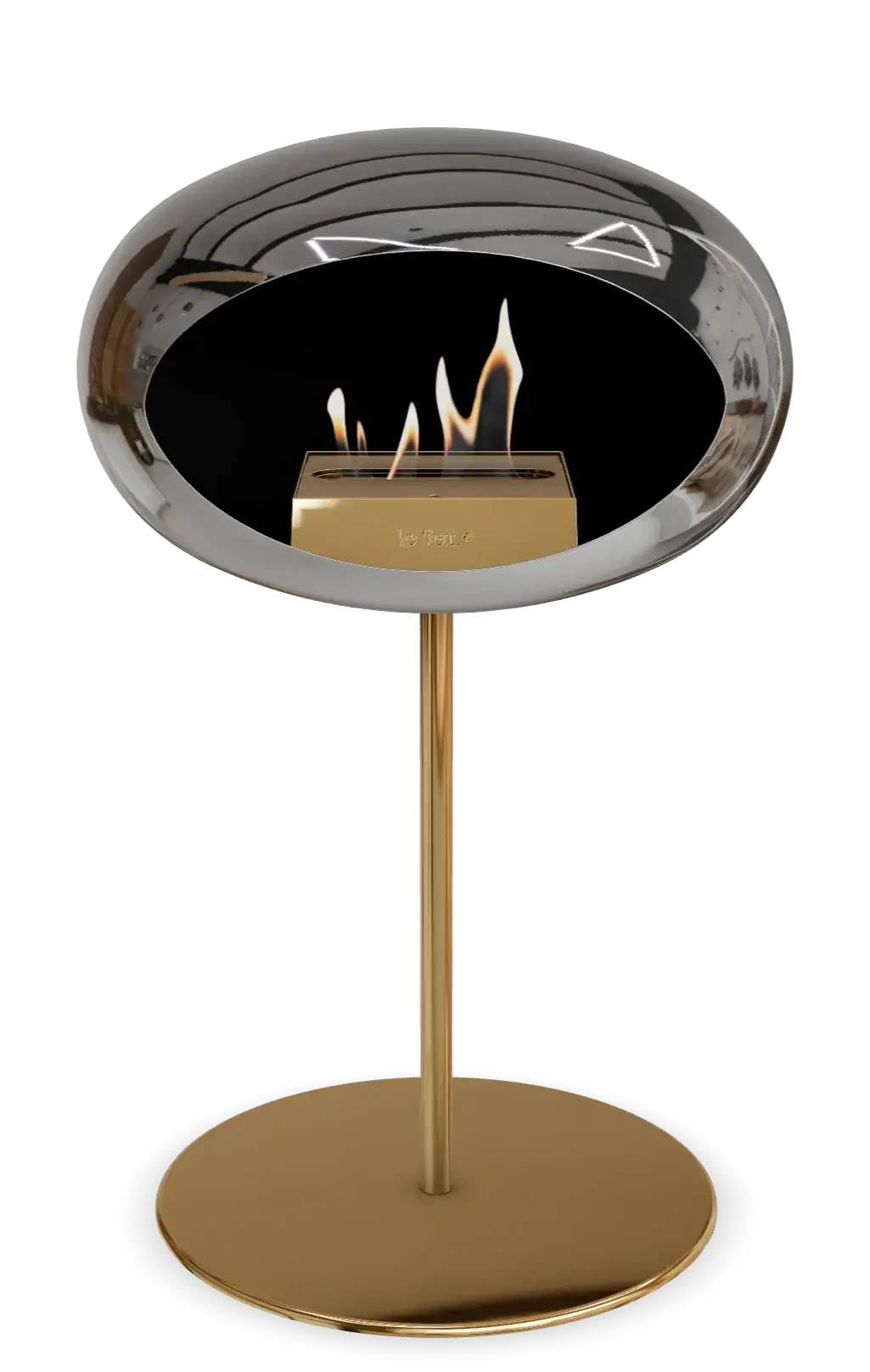 Freestanding bioethanol fireplace Le Feu Dome in chromed silver, modern design with flickering flames for indoor and outdoor spaces.