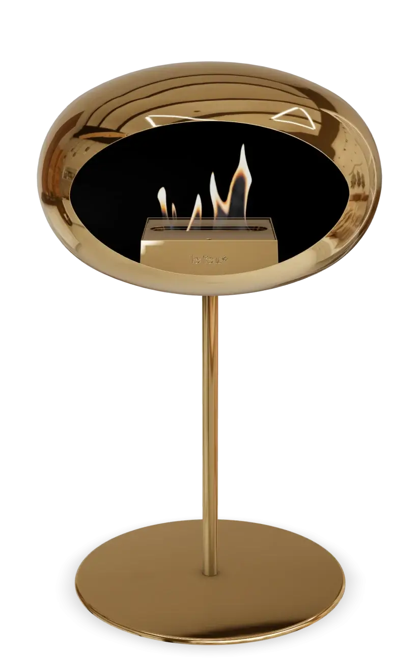 Le Feu Dome freestanding bioethanol fireplace in chromed rose gold, stylish and portable for modern indoor outdoor spaces.