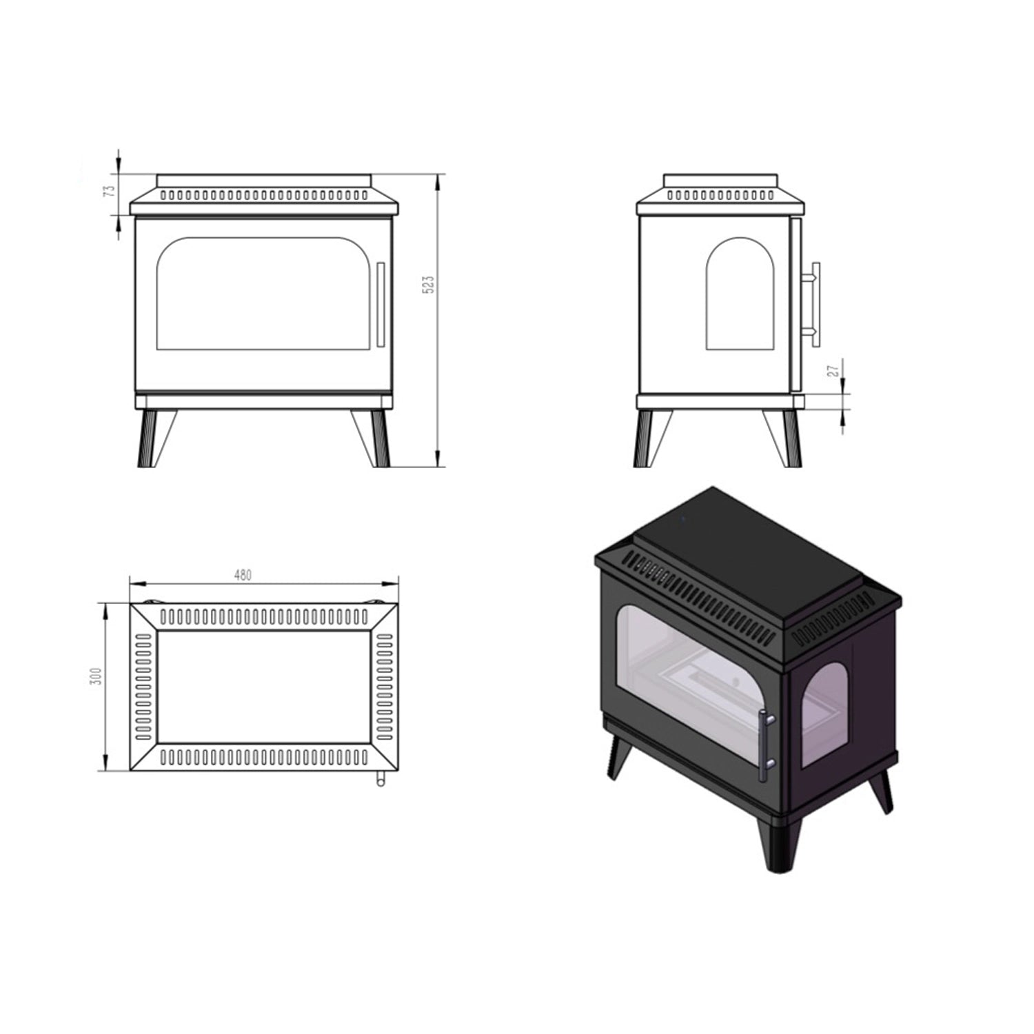 ScandiFlames Atlanta Single bioethanol stove design and dimensions illustration.