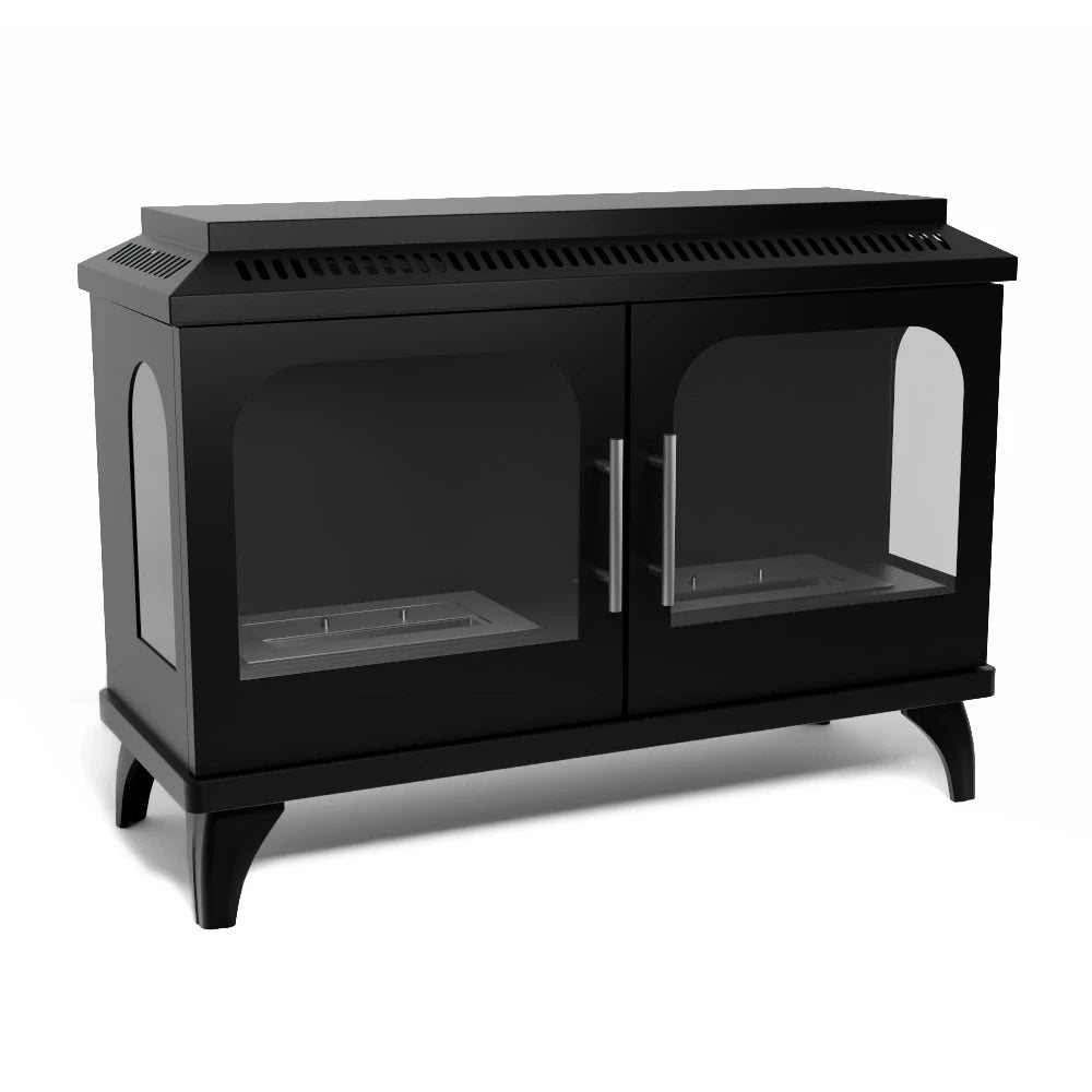 ScandiFlames Atlanta Double bioethanol stove, modern black steel fireplace with double glass doors.
