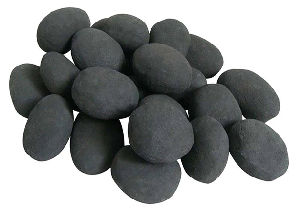24 black decorative ceramic pebbles for bio fireplace use, adding elegance to any decor.
