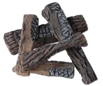 Ceramic decorative wood pieces for bio fireplace, featuring natural textures and colors, set of five for a genuine look.