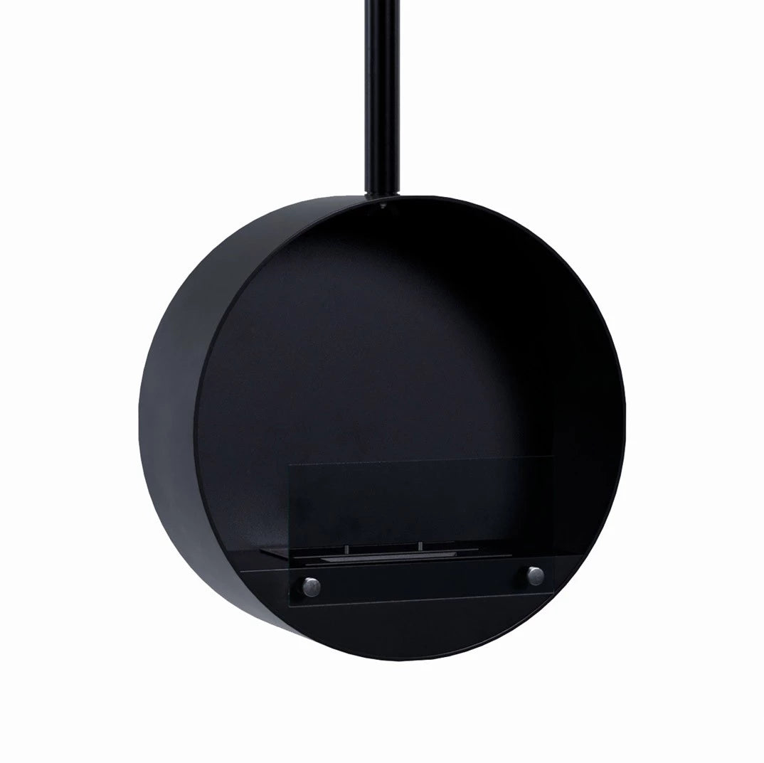 Ottawa Black suspended bioethanol fireplace showcasing sleek round design and black finish, ideal for modern interiors.