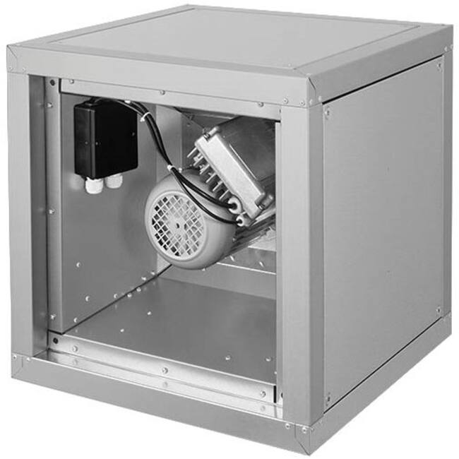 Enclosed fan with EC motor positioned outside airflow for restaurant kitchen exhaust system