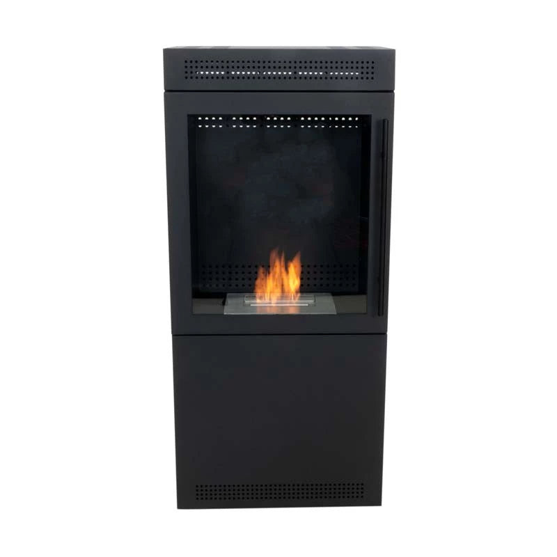 Jackson square bioethanol stove with visible flame, sleek steel and glass design, perfect for modern interiors.