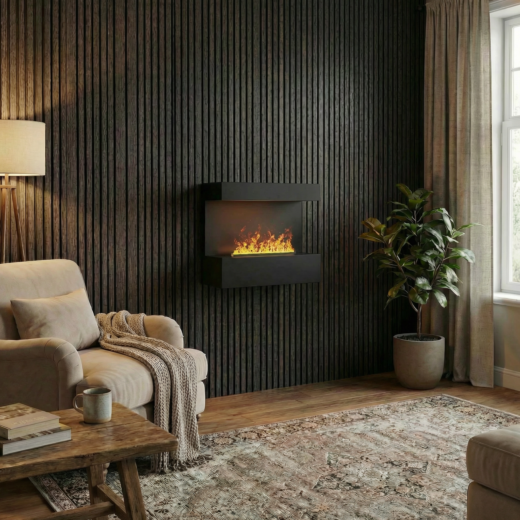 Late - Wall-mounted Water Vapour Fireplace in Black