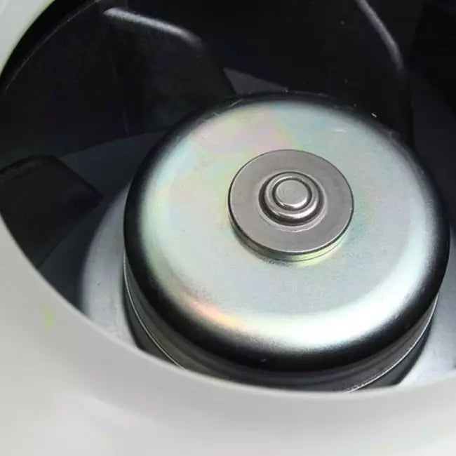 Close-up view of the Ruck RS 160 10 inline duct fan motor with metallic details and ventilation design.