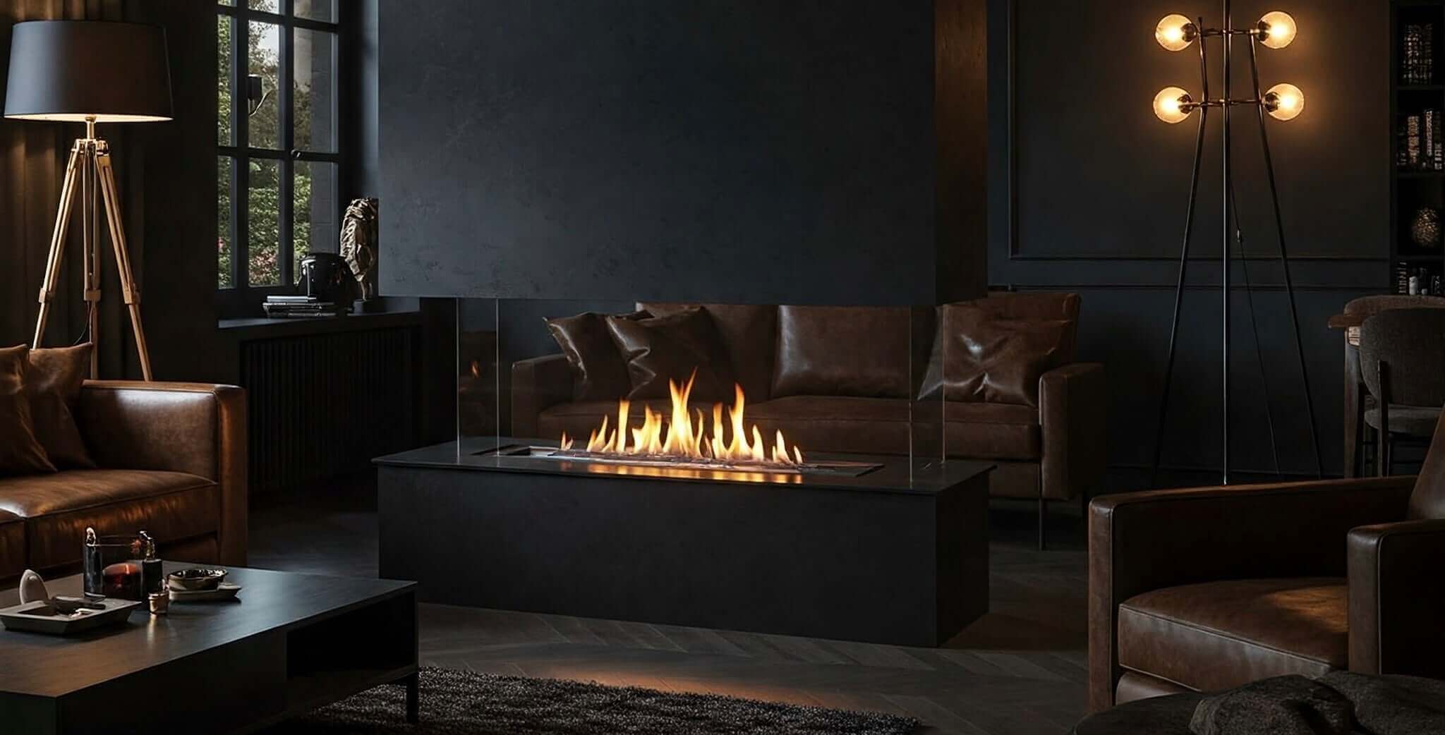 Stylish bioethanol fireplace Foco Four 800 in a modern living room, with flames visible from all sides.