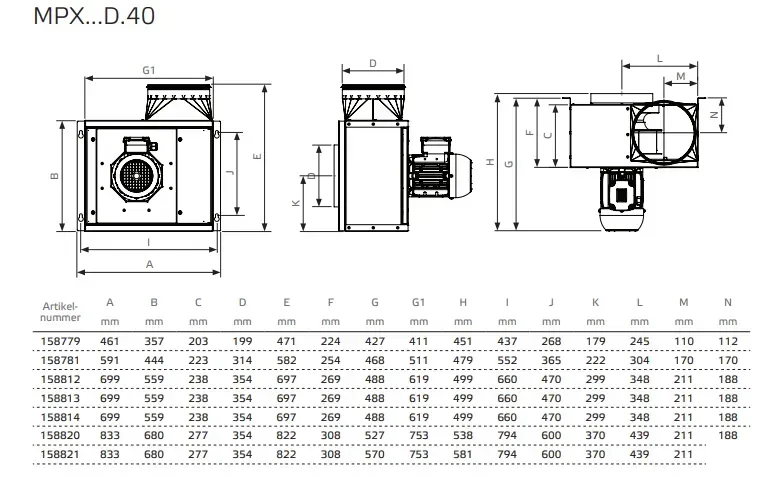Technical drawing of Ruck MPX series fans for restaurant ventilation
