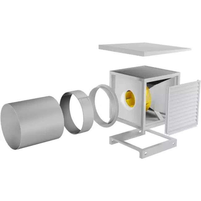 RUCK MPC fan box installation diagram with external motor and grease tray