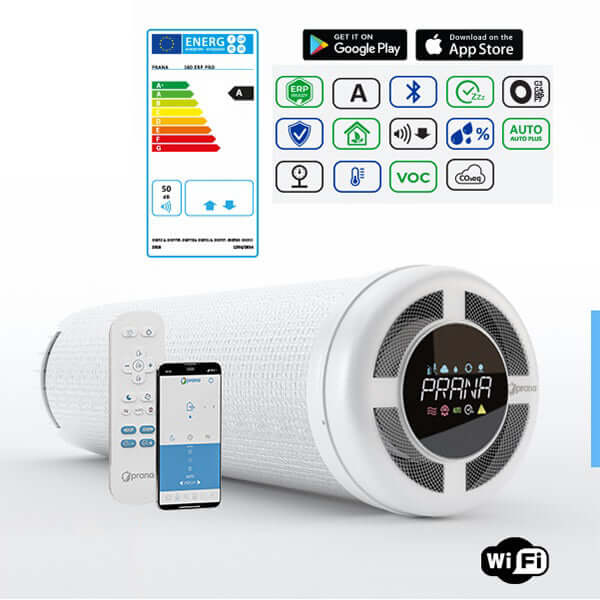 Recuperator PRANA 210G ERP PRO: energy-efficient heat recovery ventilation system with remote control and Wi-Fi.