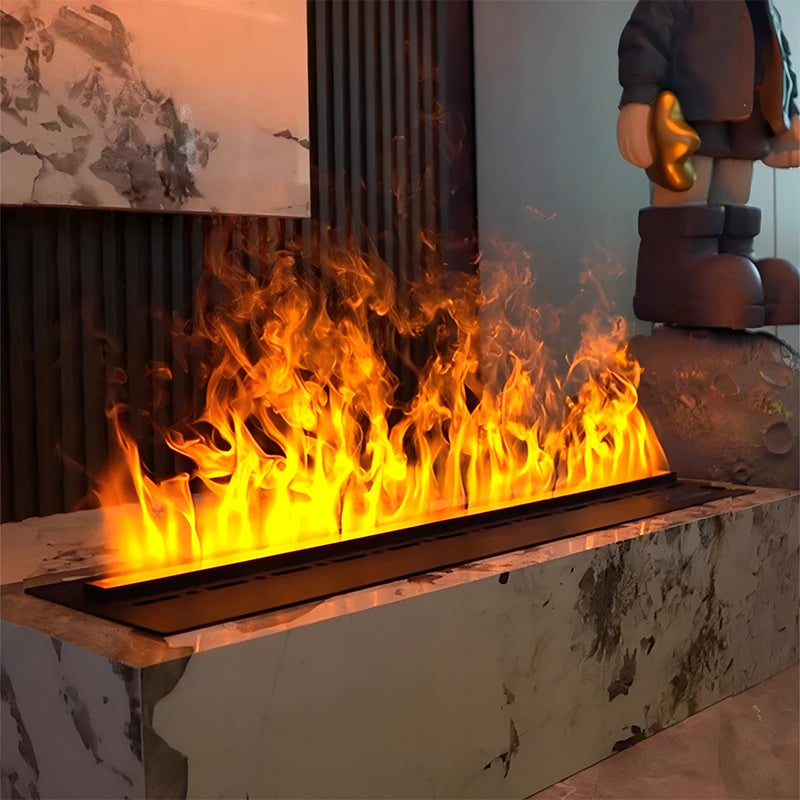 Foco Myst Free 800 fireplace showcasing realistic water vapour flames, offering eco-friendly ambiance for modern living.
