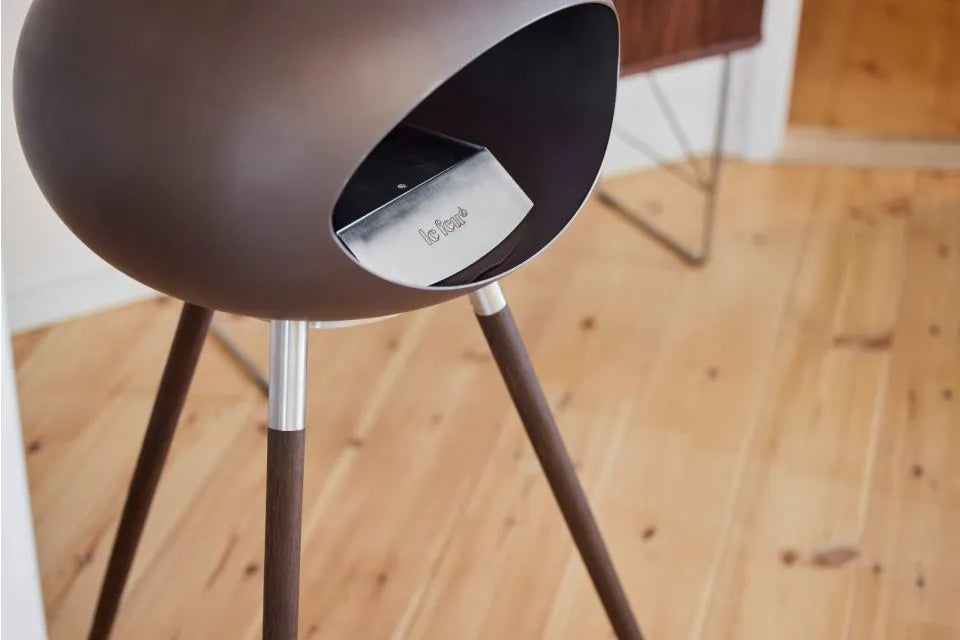Le Feu Dome Ground Low Bioethanol Fireplace in Mocca color, featuring a stylish design and portable base.