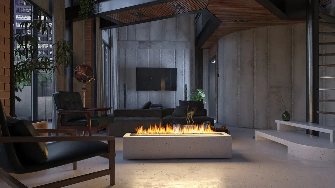 Modern interior featuring a bioethanol burner as a centerpiece, surrounded by stylish furniture and plants.