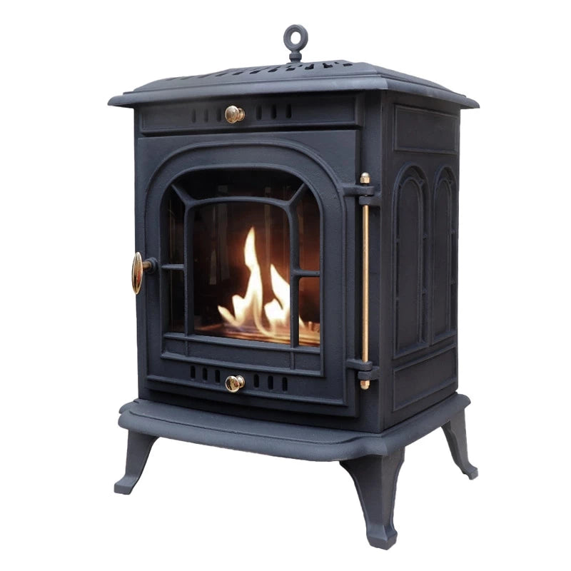 Altar cast iron bioethanol stove with flames, featuring classic design and manual operation.