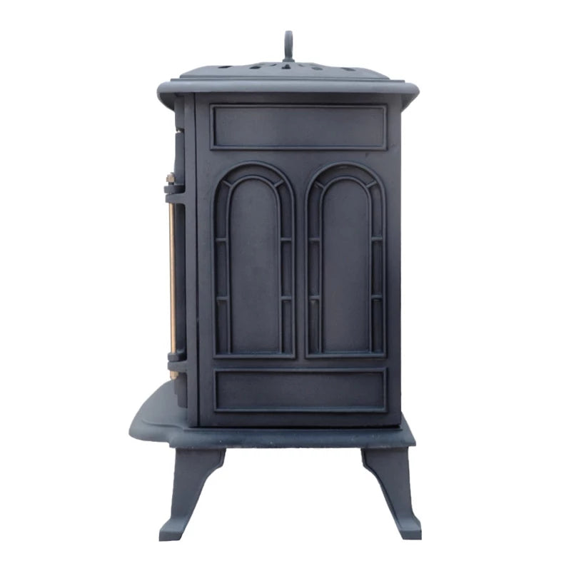 Side view of Altar cast iron bioethanol stove featuring classic wood stove design and intricate carvings.