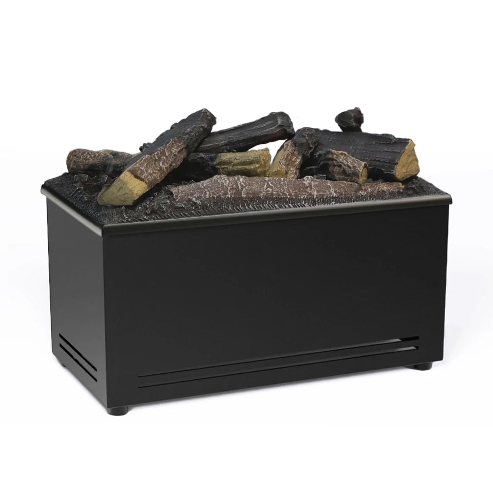 AquaFire Base 40 Logs Opti-myst fireplace insert with decorative logs on top, freestanding design, no heat emission.