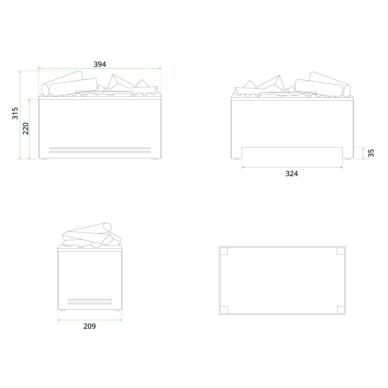 Dimensions of AquaFire Base 40 Logs Opti-myst electric fireplace insert for accurate fitting.