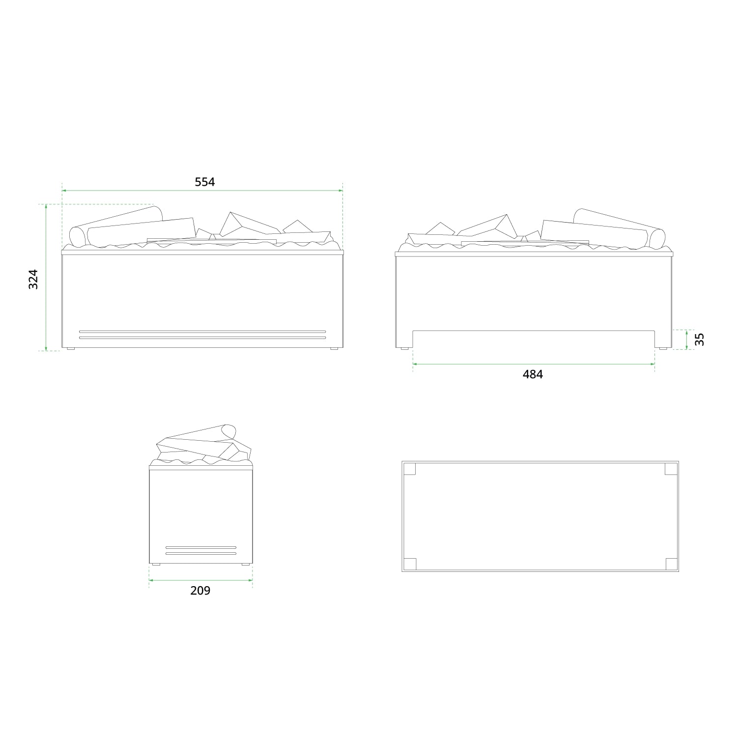 Technical drawing of AquaFire Base 60 Logs Opti-myst fireplace insert showing dimensions and design features.