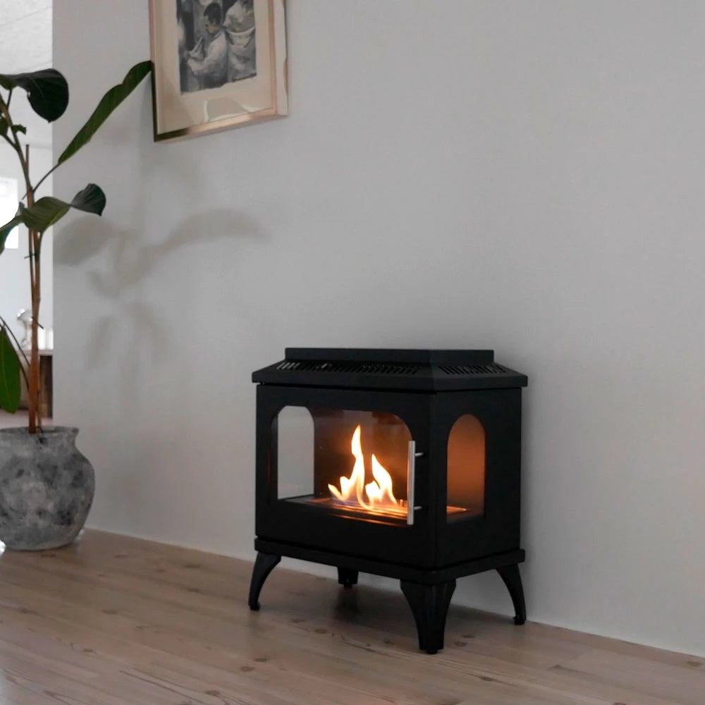 Atlanta Single Bioethanol Stove by ScandiFlames, featuring a modern black design and a warm flame in a stylish living space.