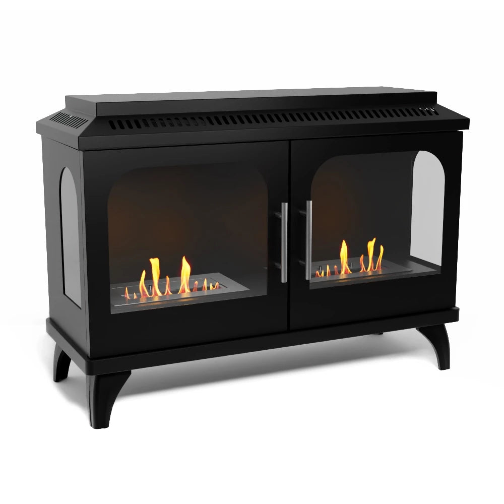 Atlanta Double Bioethanol Stove with double doors and flames, sleek black steel design, modern fireplace.
