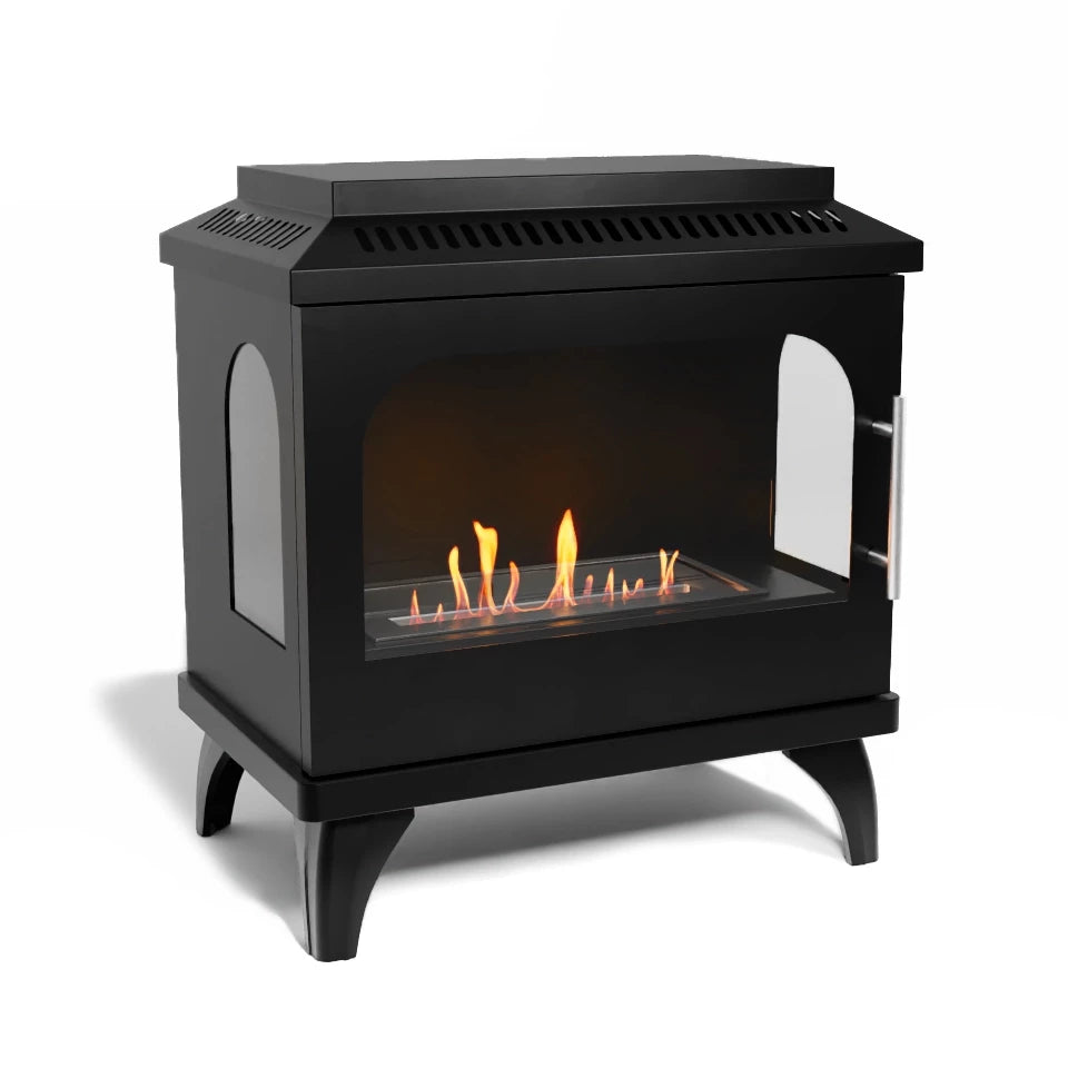 ScandiFlames Atlanta Single bioethanol stove with modern design and glass front, perfect for contemporary interiors.