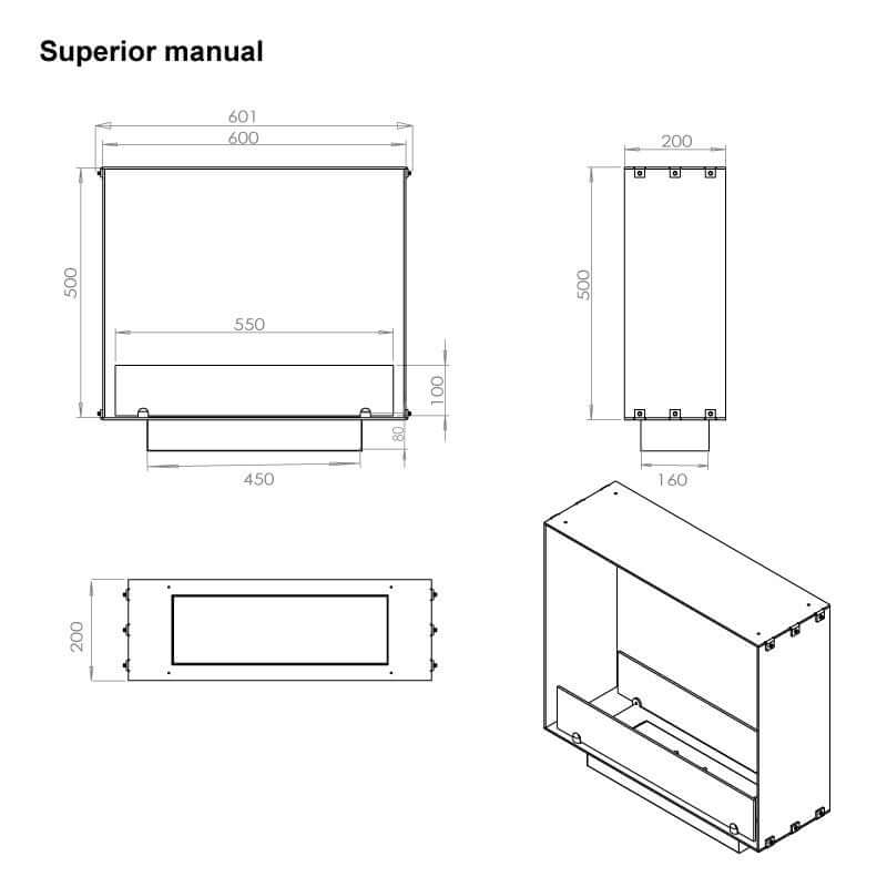 Technical drawing of the Superior manual bioethanol fireplace dimensions and specifications.