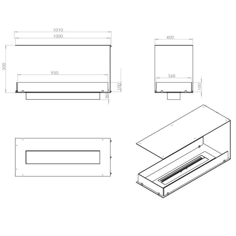 Dimensions and design schematic of the Fireplace Foco Room Divider 1000, featuring a bioethanol burner layout.