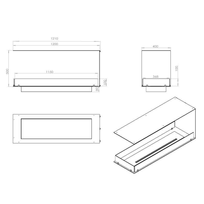Technical drawing of Fireplace Foco Room Divider 1200 with dimensions and features for bioethanol fireplace installation.