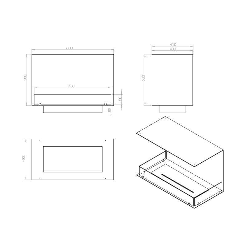 Dimensions diagram of Fireplace Foco Three 800, showing side and top views for bioethanol fireplace installation.