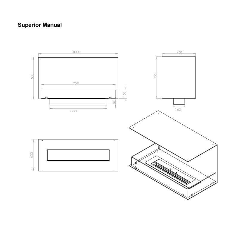 Technical drawing of Fireplace Foco Three 1000, dimensions and design specifications for bioethanol fireplace installation.