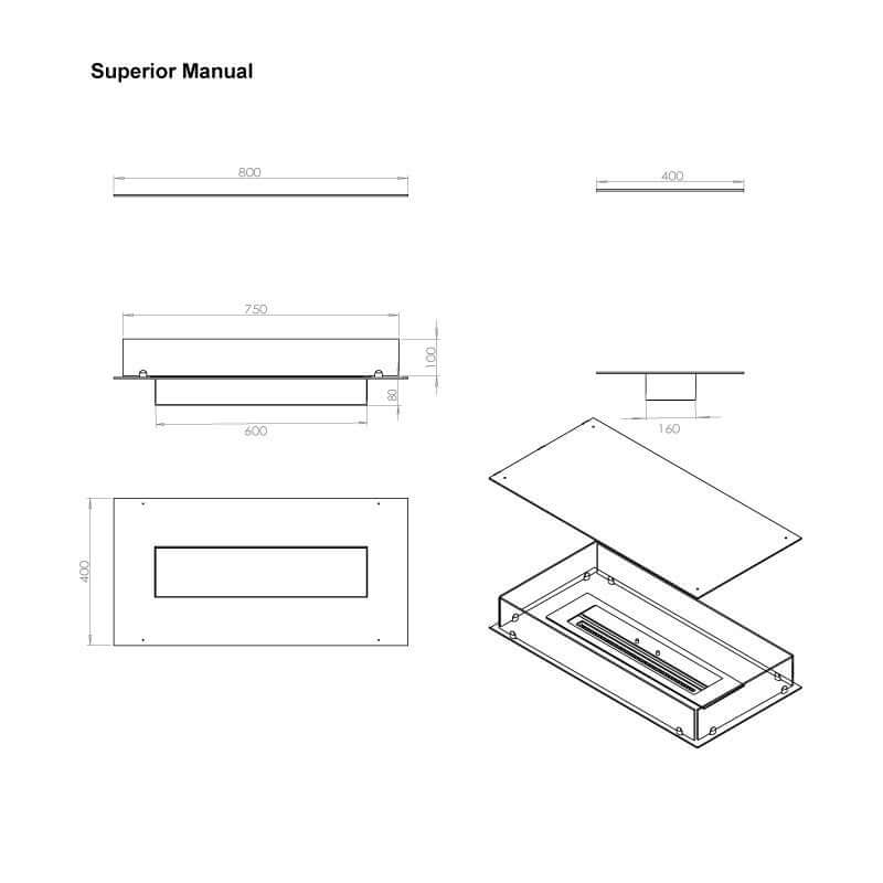 Technical drawing of the Superior Manual bioethanol fireplace showing dimensions and design features.