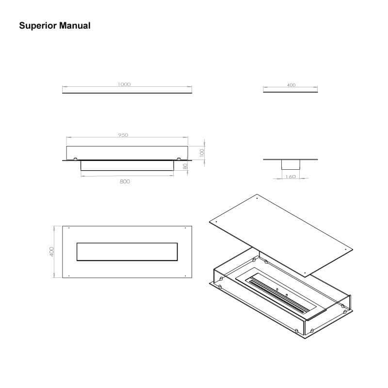 Technical drawing dimensions for the Superior Manual, showing bioethanol fireplace insert design.