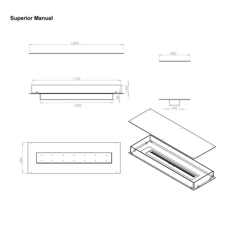 Technical drawing of the Superior Manual bioethanol fireplace insert, featuring dimensions and design details.