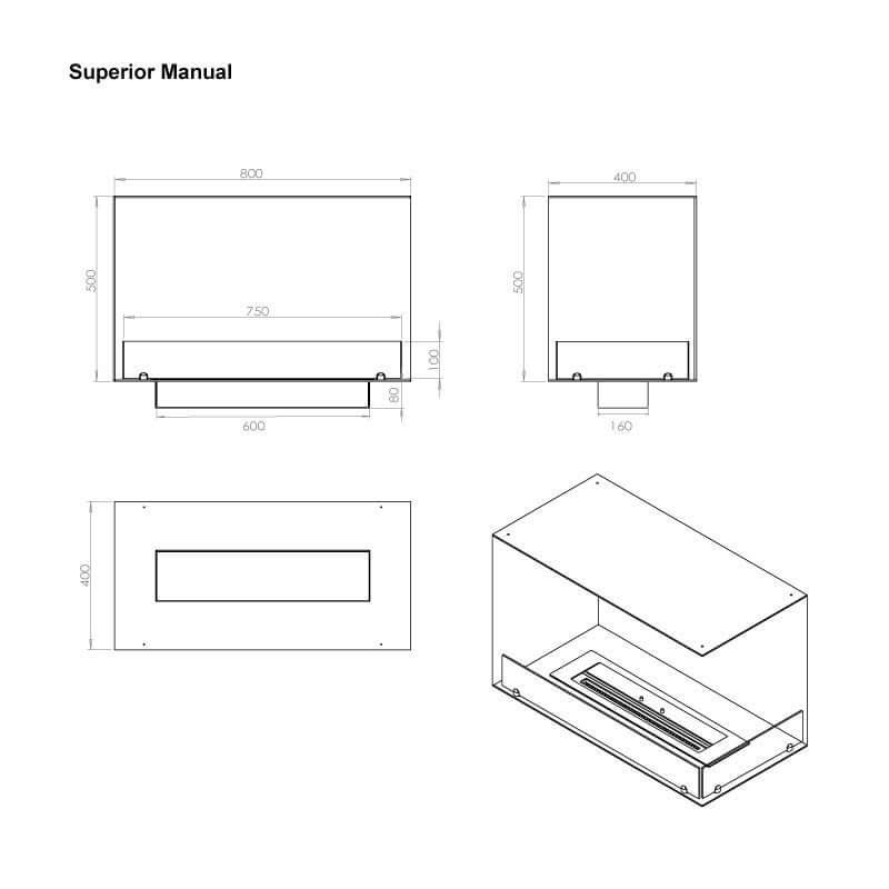 Technical drawing of the Superior Manual bioethanol fireplace dimensions and design specifications.